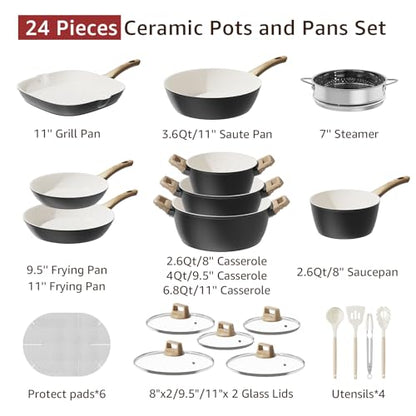 24Pcs Pots and Pans Set Non Stick,Ceramic Cookware Set with Titanium-Reinforced Nonstick Coating,Long-Lasting,PFAS-Free,Induction Compatible,Full Kitchen Set with 3 Stock Pots for Family Cooking,Black