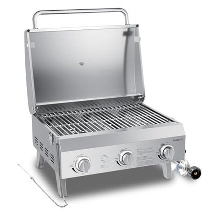 Tabletop Gas Grill 3-Burner, 22-inch Portable Propane Grill, 30,000 BTUs Stainless Steel Grill with Foldable Legs, Ideal for BBQ, Camping, Patio, Backyard, Tailgate, and Holiday Gatherings