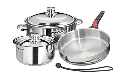 Magma 7 Piece Gourmet Nesting Stainless Steel Cookware Set, Induction Compatible, Oven Safe to 500°F - Suitable for All Stovetops, Removable Handles, Black