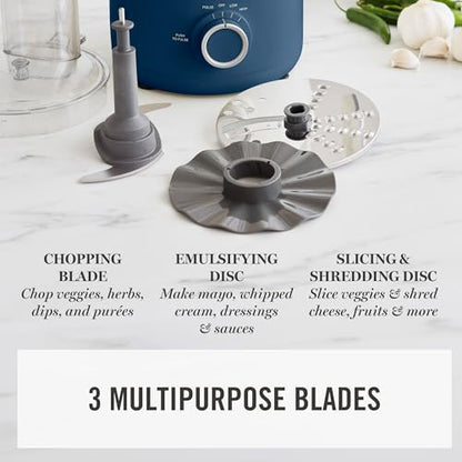 Martha Stewart Food Processor, 10-Cup Electric Chopper for Slicing, Shredding, Mincing and Puree, BPA-Free Twist & Lock Bowl, 3 Multipurpose Blades, Variable Speed Dial, Wide Feed Chute, Indigo Blue