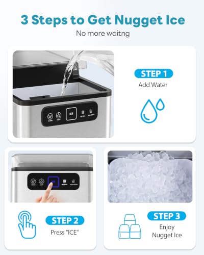 SenCre Nugget Ice Maker Countertop 40Lbs/24H Soft Chewable Ice Machine Pellet Crushed Ice Makers, One-Click Operation Auto Self-Cleaning Stainless Steel with Scoop for Home Kitchen Office, Silver