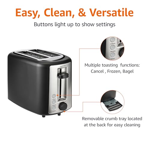 Amazon Basics 2 Slice Toaster, Extra Wide Slots for Bagels, 6 Browning Settings, Removable Crumb Tray, Defrost/Cancel/Bagel Buttons, Cord Wrap, 900W, Black & Silver