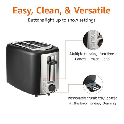 Amazon Basics 2 Slice Toaster, Extra Wide Slots for Bagels, 6 Browning Settings, Removable Crumb Tray, Defrost/Cancel/Bagel Buttons, Cord Wrap, 900W, Black & Silver