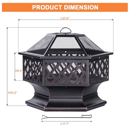 Panovue 28Inch Outdoor Fire Pit, Hexagon Shaped Wood Burning Firepit for Outside Bonfire, Patio, Backyard and Camping (Antique Bronze)