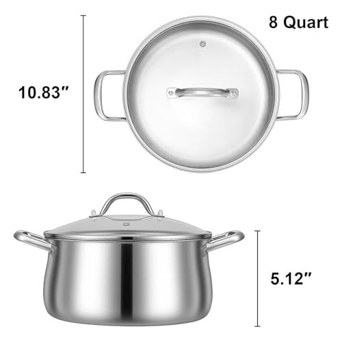 Tifanso Tri-Ply 8 Quart Stainless Steel Stock Pot - Heavy Duty Large Induction Cooking Pot with Lid for Pasta, Soup, Spaghetti, Nonstick Deep Stockpot, Kitchen Cookware for Simmer, Canning, Boiling