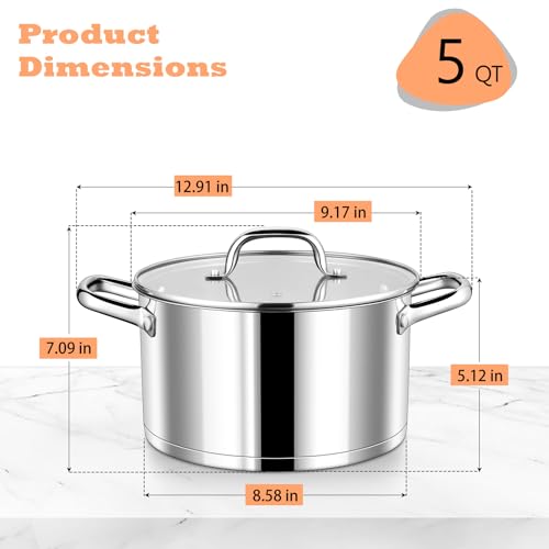 P&P CHEF 5 Quarts Cooking Stock Pot with Lid, Stainless Steel Stockpot Induction Pot for Soup, Tri-Ply Bottom & Clear Glass Lid & Double Handle, Dishwasher Safe