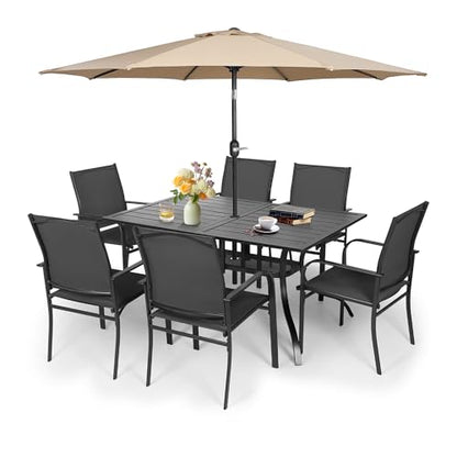 Crownland 7 Piece Patio Dining Set, Textilene Dining Sets, 6 Textilene Metal Chairs and Rectangular Outdoor Dining Table with Khaki 9FT Round Outdoor Umbrella (Black)