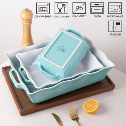 Sweejar Casserole Dishes for Oven, Ceramic Bakeware Set of 3, Rectangular Baking dish with Handles, Wave Edge Lasagna Pan Deep for Cooking, Cake, Dinner, Banquet and Daily Use (Turquoise)