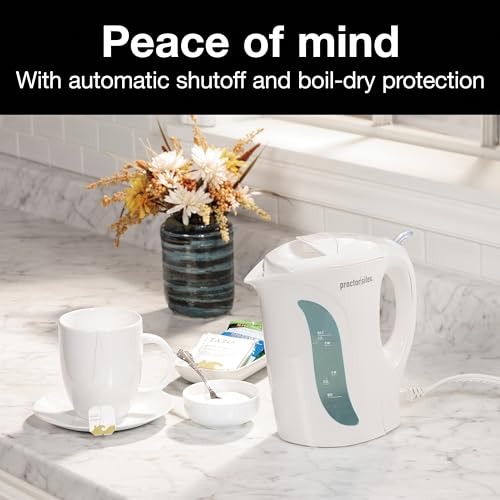 Proctor Silex Electric Tea Kettle, Water Boiler & Heater Auto-Shutoff & Boil-Dry Protection, 1000 Watts for Fast Boiling, 1 Liter, White