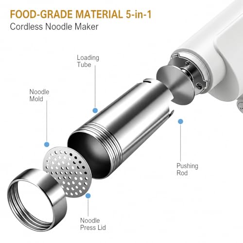 5-in-1 Cordless Electric Noodle Maker, Rechargeable Potato Ricer & Sausage Stuffer, 304 Stainless Steel Handheld Multifunctional Kitchen Tool Easy Clean for Homemade Pasta Baby Food