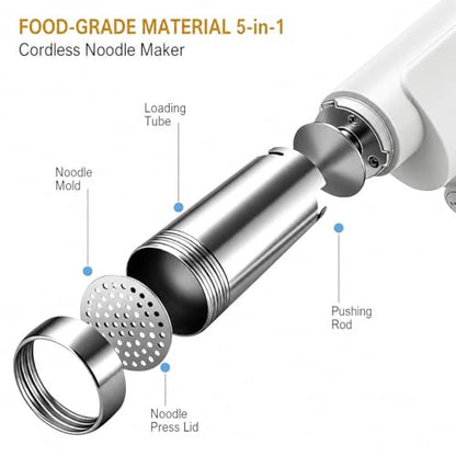 5-in-1 Cordless Electric Noodle Maker, Rechargeable Potato Ricer & Sausage Stuffer, 304 Stainless Steel Handheld Multifunctional Kitchen Tool Easy Clean for Homemade Pasta Baby Food