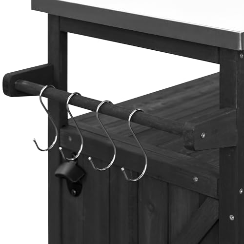 IchbinGo 43.3” Outdoor Kitchen Island with Stainless Steel Top, Solid Fir Wood Workstation with Storage Shelves Heavy Duty BBQ Grill Prep Table & Bar Cart (Black)