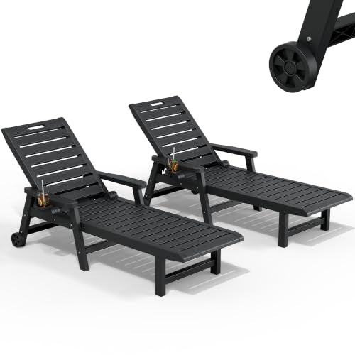 NUNU LAB Outdoor Chaise Lounge Chairs Set, Black with Wheels, 2pcs