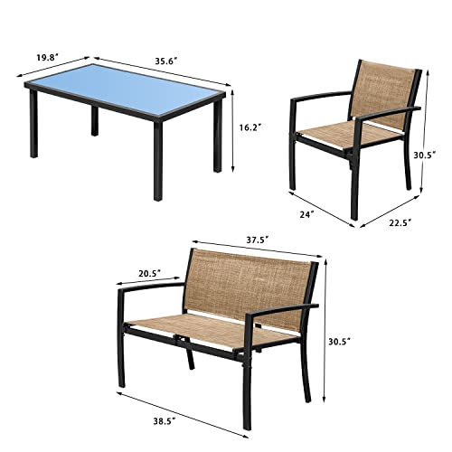 Devoko 4 Pieces Patio Furniture Set Outdoor Garden Patio Conversation Sets Poolside Lawn Chairs with Glass Coffee Table Porch Furniture (Yellow)