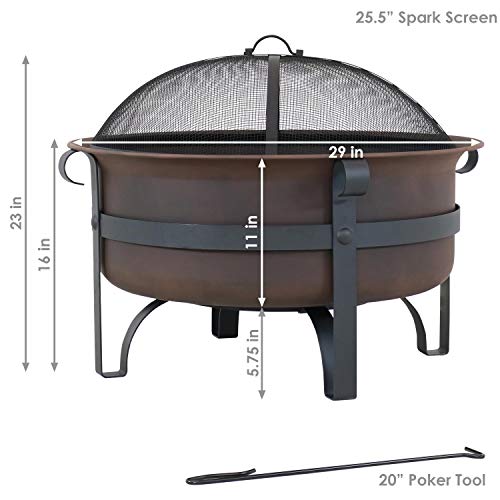 Sunnydaze 29-Inch Cauldron Wood-Burning Outdoor Fire Pit for Patio and Backyard - Round Steel Outside Firepit Bowl with Removable Ash Pan, Spark Screen, and Poker Tool - Dark Bronze Finish