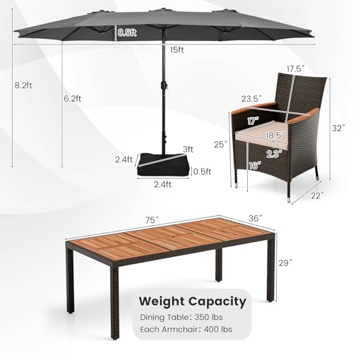 Tangkula 11 Pieces Patio Dining Set with 15ft Double-Sided LED Patio Umbrella (Base Included), Outdoor Rattan Furniture Set with 8 Stackable Chairs, Acacia Wood Dining Table and Umbrella (Gray)