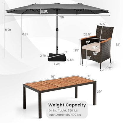 Tangkula 11 Pieces Patio Dining Set with 15ft Double-Sided LED Patio Umbrella (Base Included), Outdoor Rattan Furniture Set with 8 Stackable Chairs, Acacia Wood Dining Table and Umbrella (Gray)