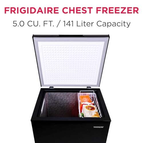 FRIGIDAIRE EFRF5003-BLACK Chest Deep Freezer-Garage-Ready, 5.0 Cu. Ft. Capacity, Black-Adjustable Thermostat-Removable Vinyl Coated Wire Basket-Easy Defrost Drain