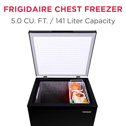 FRIGIDAIRE EFRF5003-BLACK Chest Deep Freezer-Garage-Ready, 5.0 Cu. Ft. Capacity, Black-Adjustable Thermostat-Removable Vinyl Coated Wire Basket-Easy Defrost Drain