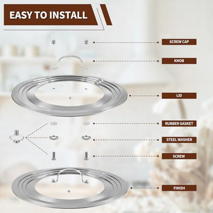 15 Inch Extra Large Universal Lid for Pots, Pans and Skillets, Pan Lid Fits 9.5/10/11/12/13/14/15 Inch Cookware, Stainless Steel & Tempered Glass Replacement Frying Pan Lid, Dishwasher Safe