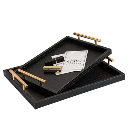 JUMBO HUMBLE Modern Elegant Large Wood Serving Tray, Set of 2 Black Crocodile Leather with Gold Polished Metal Handles, Home Decorative Rectangle Ottoman Decor Platter Living Room Bathroom Vanity Tray