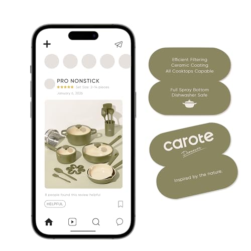 CAROTE 21pcs Cookware Set Nonstick Pots and Pans Set, Ceramic Cookware Set Induction Cookware, Non toxic Healthy Non Stick Kitchen Cooking Set, PFAS PTFE Free