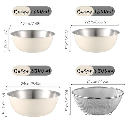 Eugelrom 4-Piece 304 Stainless Steel Mixing Bowls Set with Colander & Strainer – Off-White Coated Nesting Bowls, Food Grade Metal Bowl Set for Meal Prep, Kitchen Essentials (Lids Not Included)
