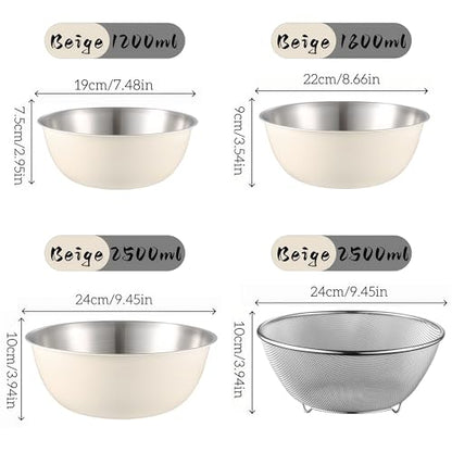 Eugelrom 4-Piece 304 Stainless Steel Mixing Bowls Set with Colander & Strainer – Off-White Coated Nesting Bowls, Food Grade Metal Bowl Set for Meal Prep, Kitchen Essentials (Lids Not Included)
