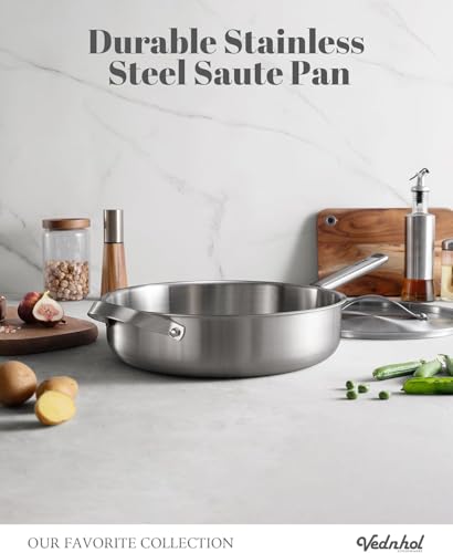 VEDNHOL Stainless Steel Saute Pan with Stainless Steel Lid 7-Quart,13-Inch Deep Skillet,Dishwasher&Oven Safe,Induction&All Stove Compatible,Brushed Finish
