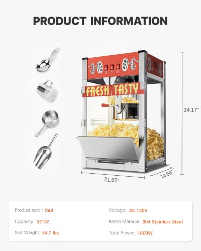 32 Oz Commercial Popcorn Machine, Large Popcorn Maker Machine, Movie Theater Countertop Pop Corn Machine with 3-Switch Control & Tempered Glass Doors, Red