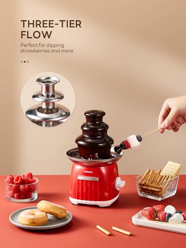 Reemix Electric Chocolate Fondue Fountain Machine - 3-Tier Stainless Steel Cascading Fountain, Easy Assembly & Cleaning, Party/Wedding/Home Dessert Maker, Red