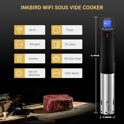 INKBIRD WIFI Sous Vide Cooker Bundle with 30PCS Sous Vied bags and Vacuum Sealer Pump, Sous Vide Starter Kits, Recipes on APP,1000W Sous-Vide Machine for Steak