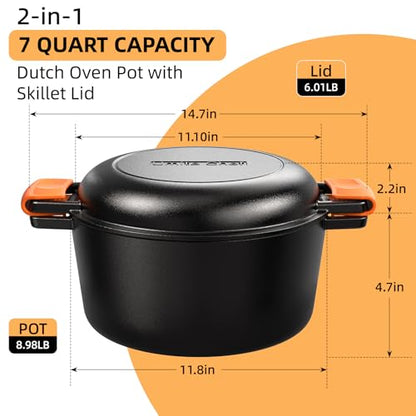 2-in-1 Pre-Seasoned Cast Iron Double Dutch Oven Pot with Skillet Lid & Silicone Sleeves – Raised Rib Skillet Lid– Umite Chef 7QT Cast Iron Skillet Cookware Pan Set wirh Dual Handles – Oven, Grill, Campfire & Stovetop Safe –PFAS-Free