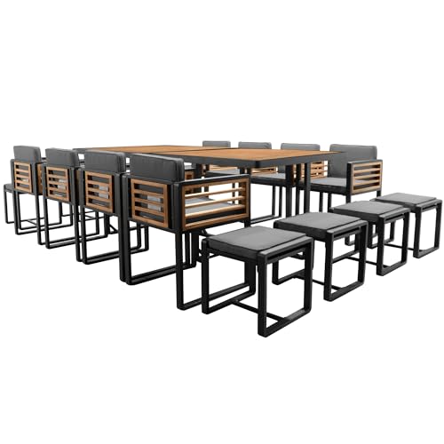 Merax 18-Piece Patio Dining Set for 16 People, Acacia Wood Outdoor Furniture Sets with 2 Square Tables, 8 Cushioned Chairs and 8 Ottomans for Backyard, Garden, Lawn, Poolside, Space Saving Design,Gray
