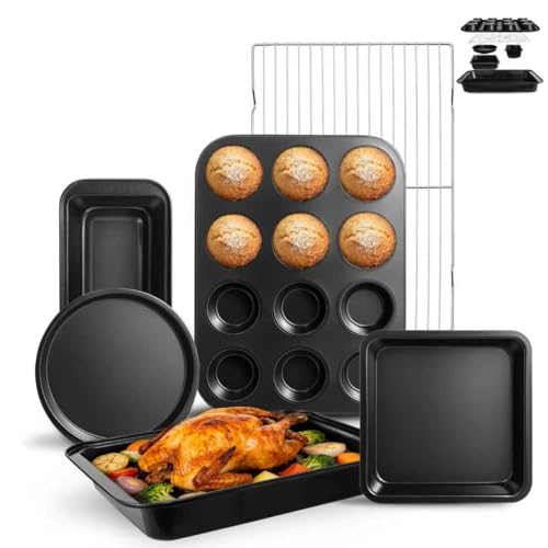 5-Piece Nonstick Baking Pans Set - Professional Grade Carbon Steel Bakeware with Premium Coating- Dishwasher Safe, Stackable, Oven Safe to 450°F (Black-5PCS)