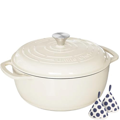 Umite Chef 6QT Enameled Cast Iron Dutch Oven with Lid, Versatile Heavy-Duty Cookware Pot for Baking Bread, Braising, Soups & Stews, Oven & Stovetop Safe with Heat Resistant Gloves（Cream White）