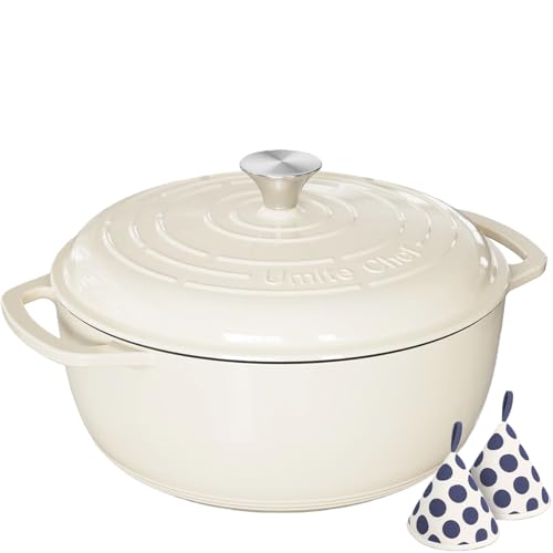 Umite Chef 6QT Enameled Cast Iron Dutch Oven with Lid, Versatile Heavy-Duty Cookware Pot for Baking Bread, Braising, Soups & Stews, Oven & Stovetop Safe with Heat Resistant Gloves（Cream White）