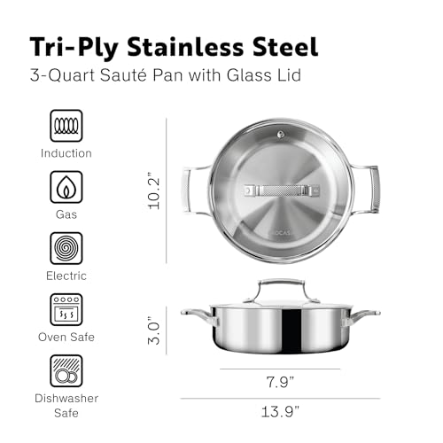PROCASA 3 Quart Braiser Pan with Lid - Fully Clad Tri Ply Stainless Steel Saute Pan - Heat Resistant Handles - Coating-Free, PFAS-Free Non Toxic Cookware - Induction, Oven & Dishwasher Safe