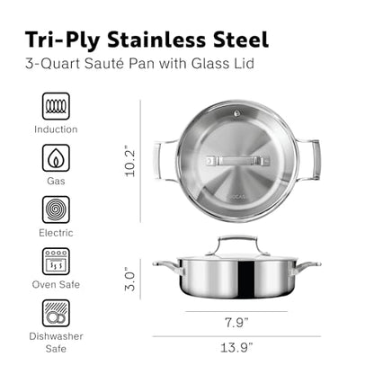 PROCASA 3 Quart Braiser Pan with Lid - Fully Clad Tri Ply Stainless Steel Saute Pan - Heat Resistant Handles - Coating-Free, PFAS-Free Non Toxic Cookware - Induction, Oven & Dishwasher Safe