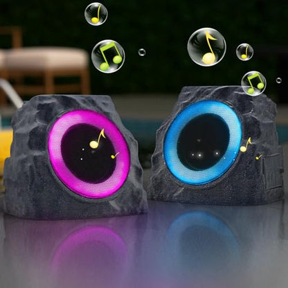 uuffoo 2-Pack Solar Powered Rock Speakers Outdoor Water-Resistant IP44 Rock Speaker with Lights RGB Colors and USB Charging for Patio Pool Party Yard Garden Outside