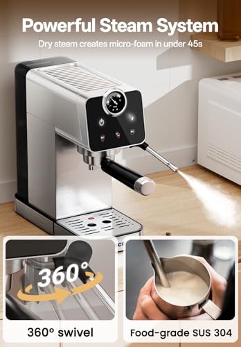 Arecovas Espresso Machine with Milk Frother, 20 Bar Compact Coffee Machine with Touch Screen & 41oz Water Tank for Home Use, Stainless Steel Espresso Coffee Maker for Americano, Cappuccino, Latte