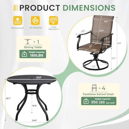 LVUYOYO 5-Piece Outdoor Patio Dining Set, Textilene Swivel Chairs & Round Table Set, All-Weather Table and Chairs Set with Umbrella Hole for Backyard, Garden,Balcony,Porch (Brown)