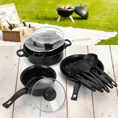 Non-Stick Cookware Set, 13 Piece Set Portable Lightweight Cast Iron Pots and Pans with Glass Lids and Nylon Utensils for Outdoor Camping Picnic Travel Cookware Black
