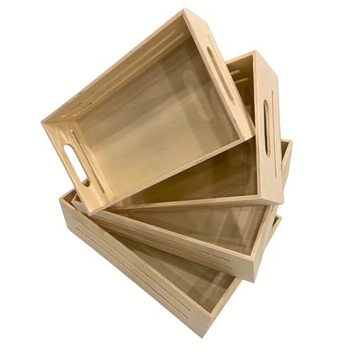 Wooden Tray with Handles - Set of 4 Small Wood Crates for Crafts Small Wooden Pallets for Display Apple Crates Unfinished Wood Trays for Crafts Nesting