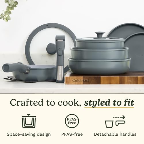 Cuisinart 13-Pc, ClickSmart Nonstick Detachable Handle Ceramic Cookware, Pots and Pans Set, Stackable Space-Saving Design, Compatible with All Stovetops, Induction & Oven Safe, PURELYCERAMIC