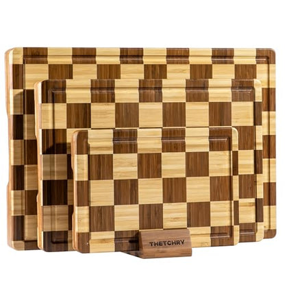THETCHRY Bamboo Cutting Board Set, Checkered Wood Cutting Boards for Kitchen with Juice Groove, Non Toxic Wooden Charcuterie Boards, Non Slip Chopping Board for Meat Fruit Cheese, Housewarming Gift