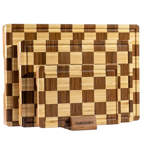 THETCHRY Bamboo Cutting Board Set, Checkered Wood Cutting Boards for Kitchen with Juice Groove, Non Toxic Wooden Charcuterie Boards, Non Slip Chopping Board for Meat Fruit Cheese, Housewarming Gift