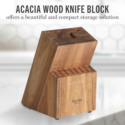 Martha Stewart Knife Block Set 16-Piece - Lockton High Carbon Stainless Steel Forged Full Tang Chef Knives, Acacia Wood Block, Triple Riveted Handles, Linen White & Gold