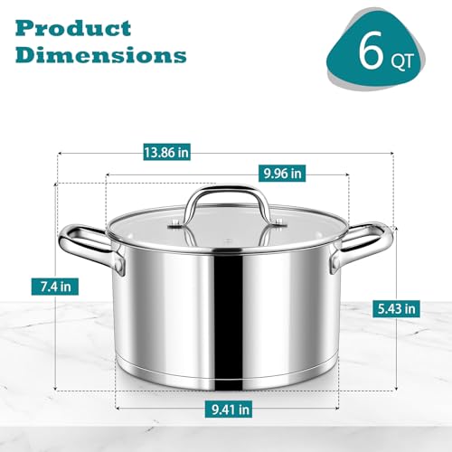 P&P CHEF 6 Quarts Cooking Stock Pot with Lid, Stainless Steel Stockpot Induction Pot for Soup, Tri-Ply Bottom & Clear Glass Lid & Double Handle, Dishwasher Safe