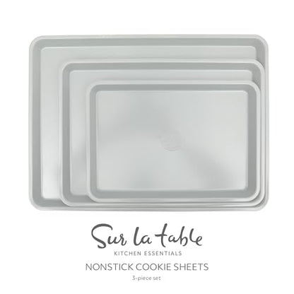 Sur La Table Kitchen Essentials Bake Sale 3-Piece Cookie Sheet Set – Nonstick Carbon Steel Baking Pans (13, 15, 18 Inch) – Grey Easy-Clean Oven Trays for Cookies, Roasting & More